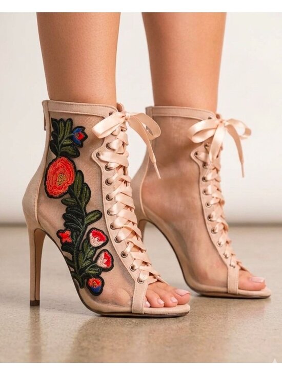 Shoes - Floral Embroidered Mesh Lace-Up Stiletto Heels With Back Zipper